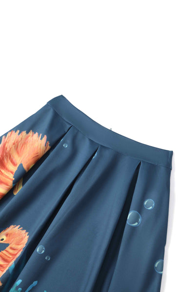 Close up view of cute blue seahorse box pleated vintage inspired skirt
