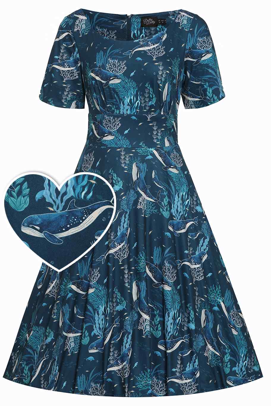 Front view of blue whale print sleeved swing dress in blue
