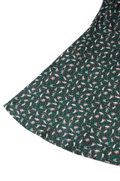 Close up View of Bunny Print Flared Dress in Green