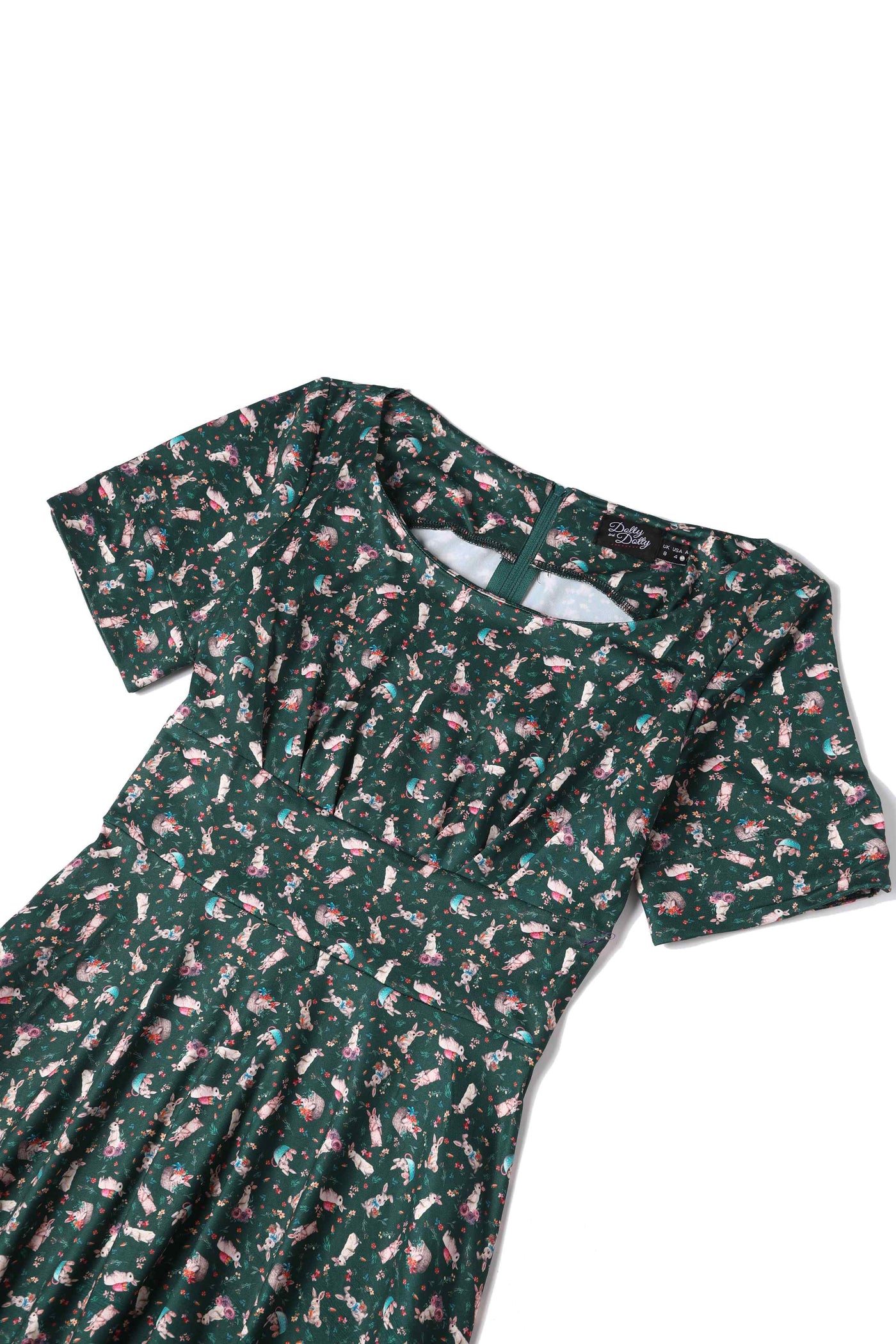 Close up View of Bunny Print Flared Dress in Green