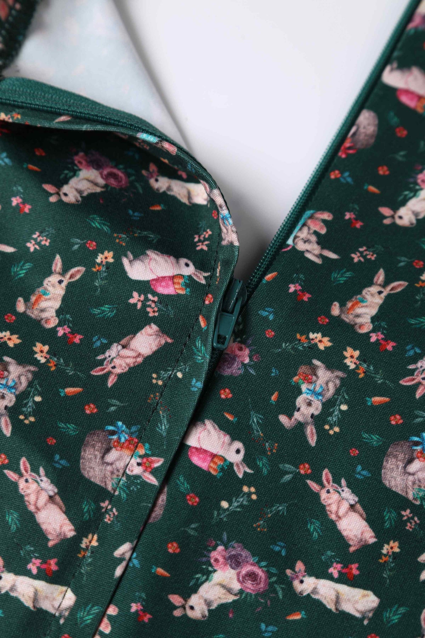 Close up View of Bunny Print Flared Dress in Green