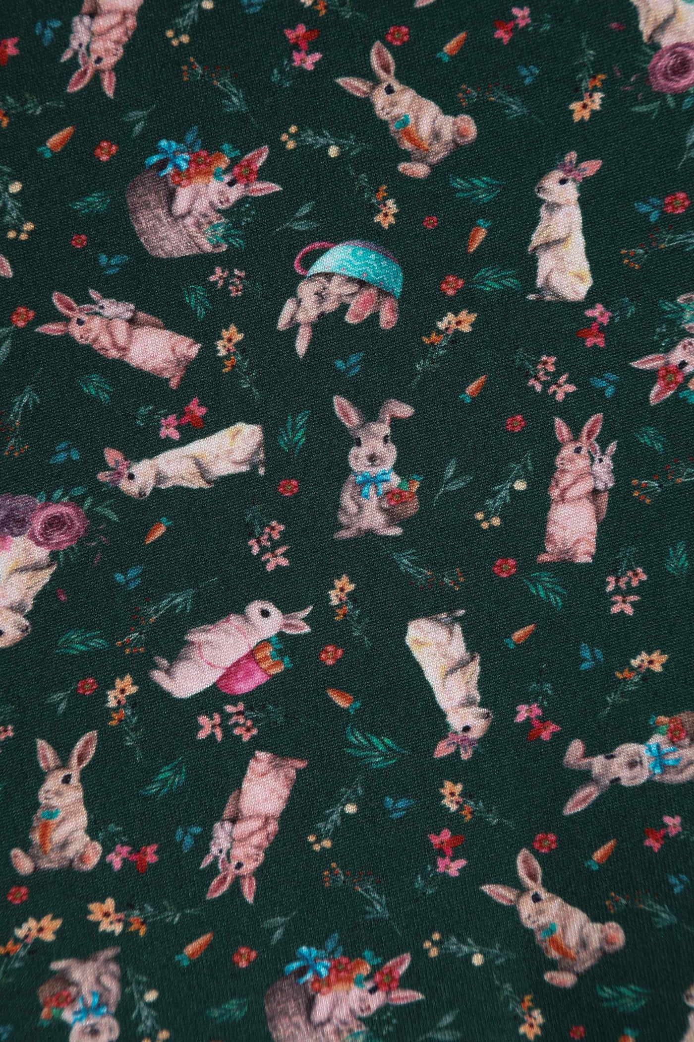 Close up View of Bunny Print Flared Dress in Green