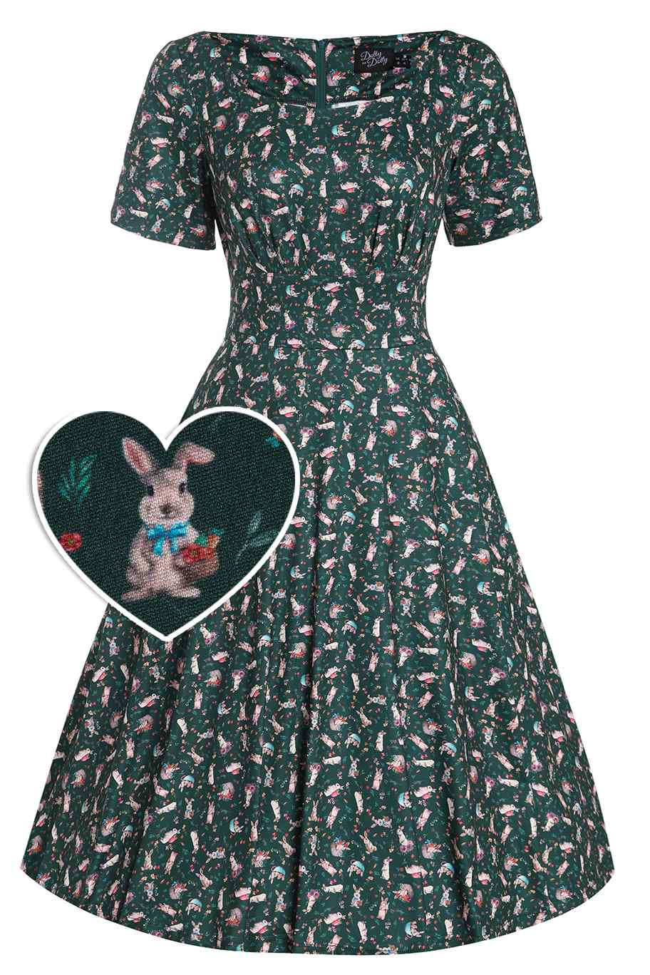 Front View of Bunny Print Flared Dress in Green