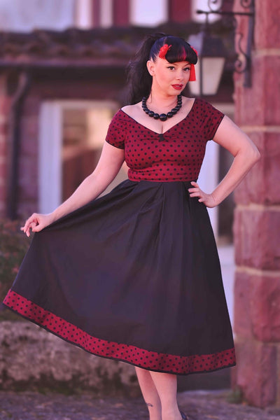 Burgundy & Black Polka Dot Off Shoulder Dress