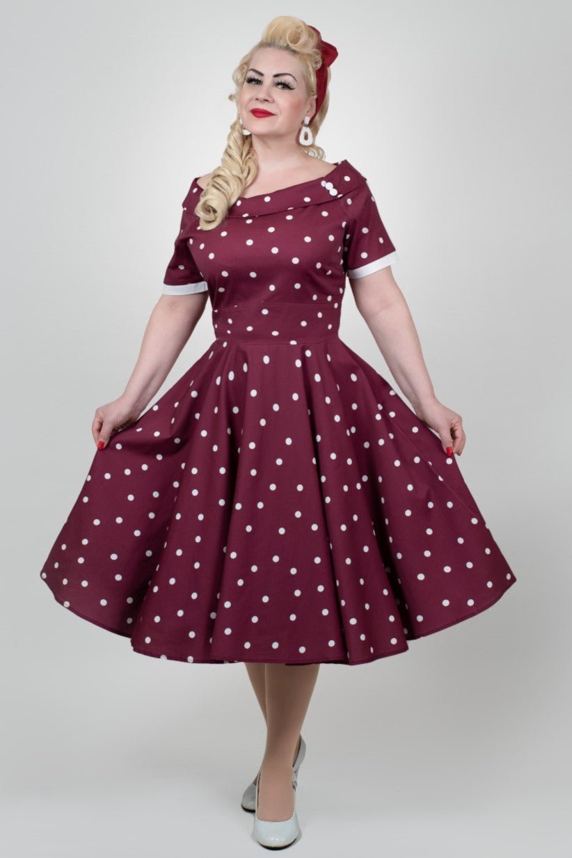 A model wearing Burgundy & White Off Shoulder Circle Dress