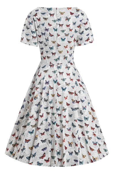 Back view of Butterfly Collection Print 50s Style Dress in White