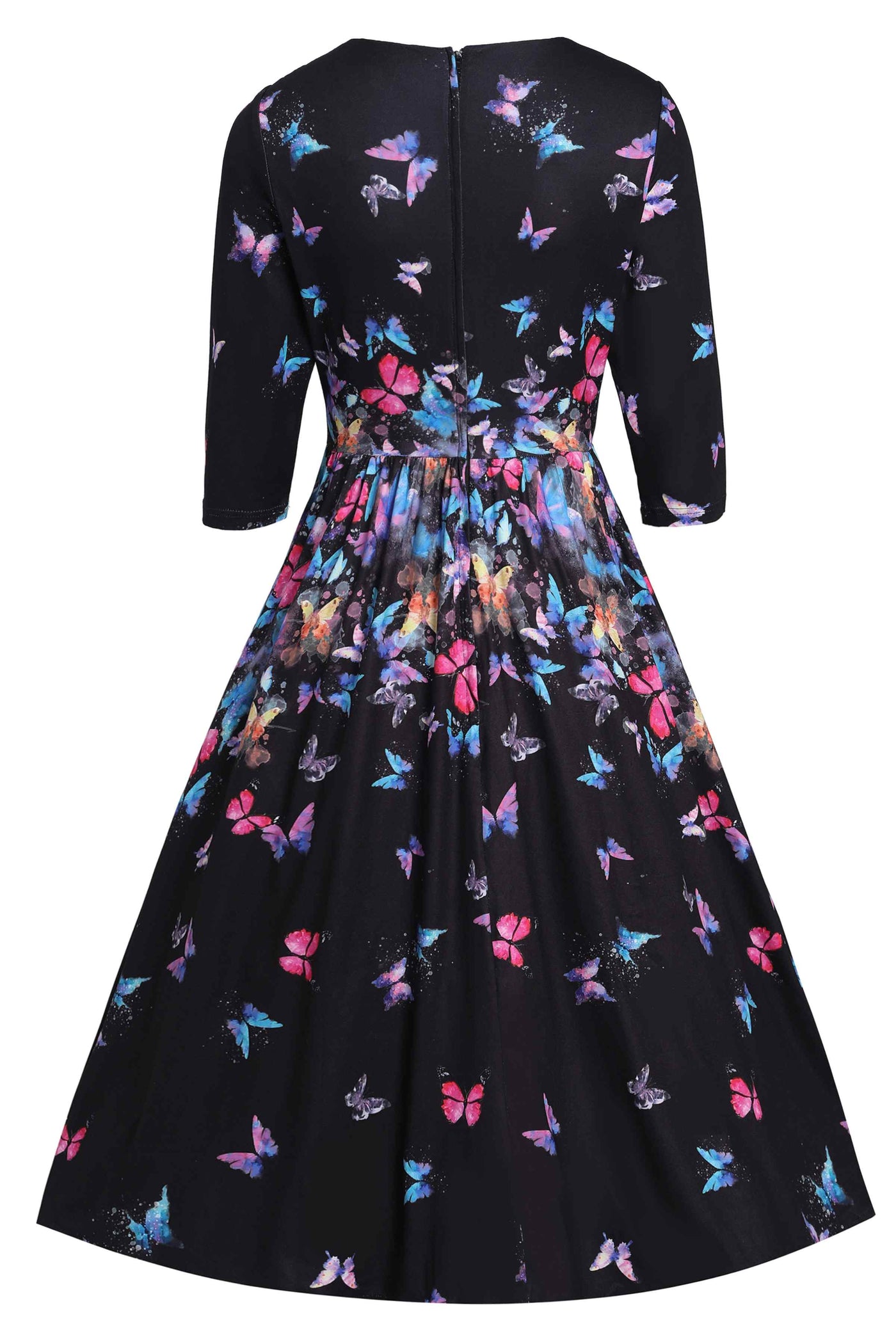 Back View of Butterfly Print Long Sleeved Swing Dress in Black