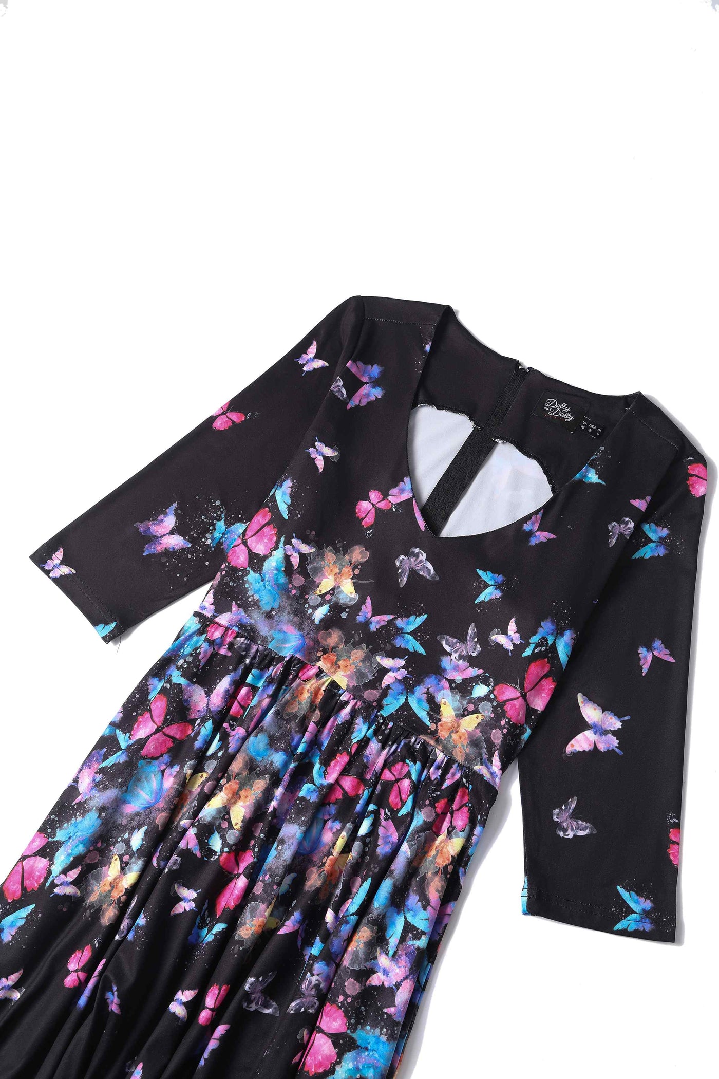 Close up View of Butterfly Print Long Sleeved Swing Dress in Black