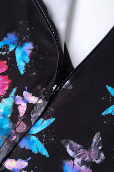 Close up View of Butterfly Print Long Sleeved Swing Dress in Black