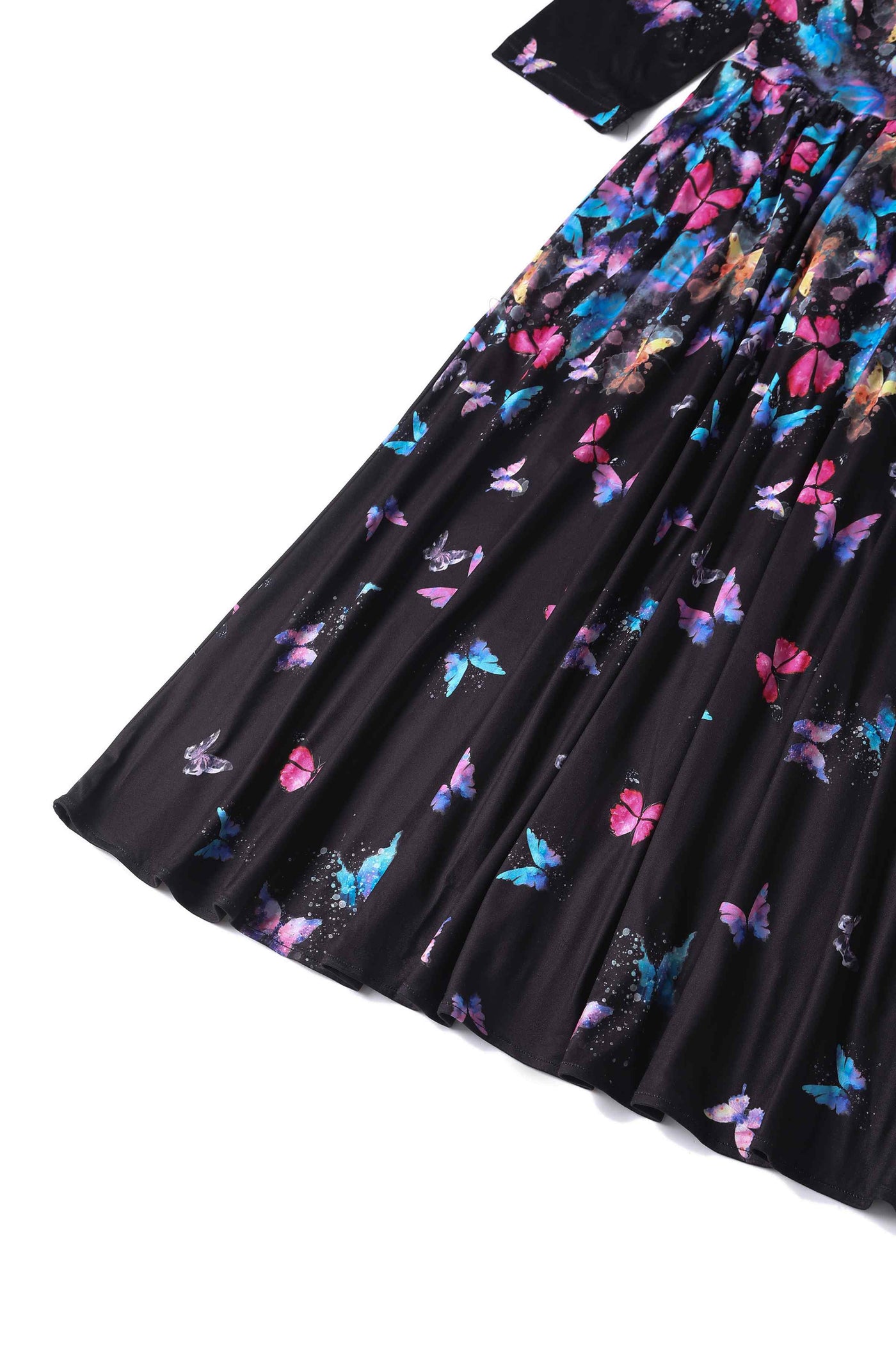 Close up View of Butterfly Print Long Sleeved Swing Dress in Black