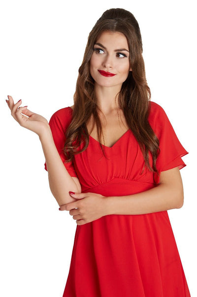 Model wears our Meredith floaty casual dress, with short sleeves, in red, close up