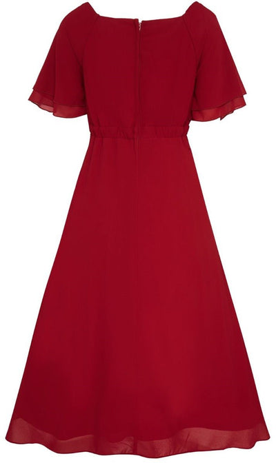 Meredith floaty casual dress, with short sleeves, in red, back view