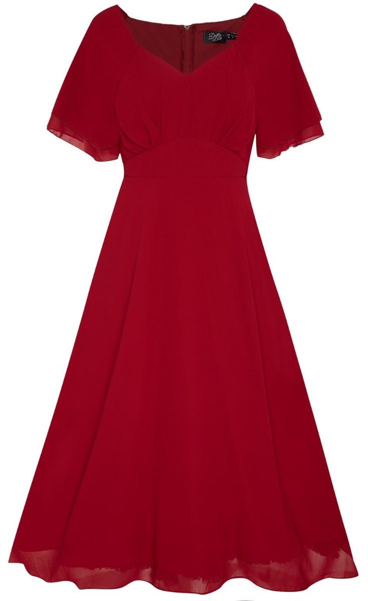 Meredith floaty casual dress, with short sleeves,  in red, front view
