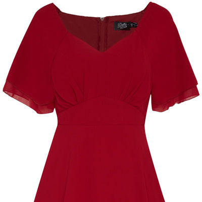 Meredith floaty casual dress, with short sleeves, in red, close up view