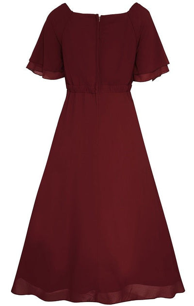 Meredith floaty casual dress, with short sleeves, in burgundy red, back view