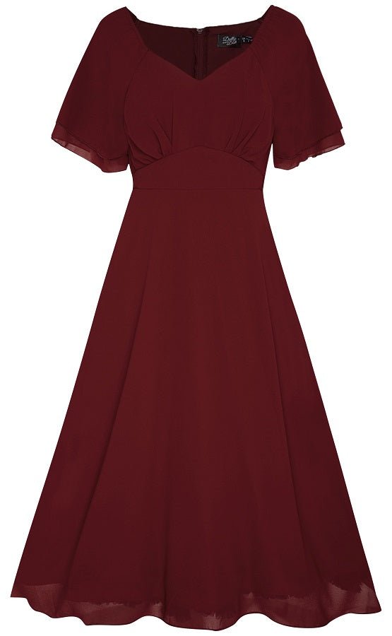 Meredith floaty casual dress, with short sleeves, in burgundy red, front view