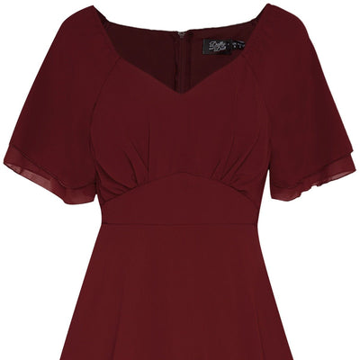 Meredith floaty casual dress, with short sleeves, in burgundy red, close up view
