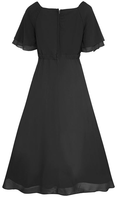 Meredith floaty casual dress, with short sleeves, in black, back view