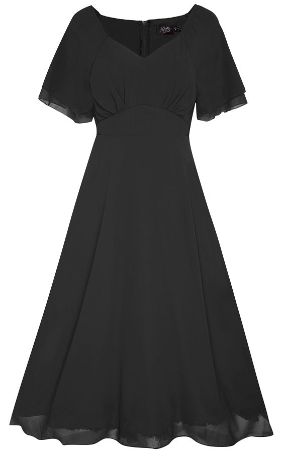 Meredith floaty casual dress, with short sleeves, in black, front view