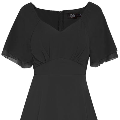 Meredith floaty casual dress, with short sleeves, in black, close up view