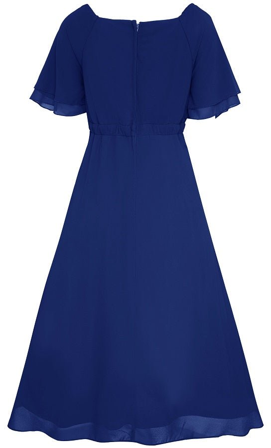 Meredith floaty casual dress, with short sleeves, in dark blue, back view