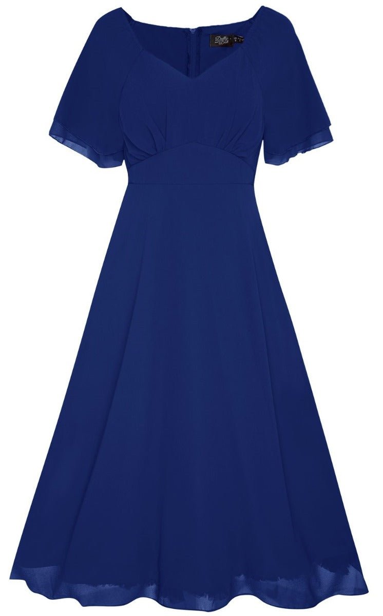 Meredith floaty casual dress, with short sleeves, in dark blue, front view