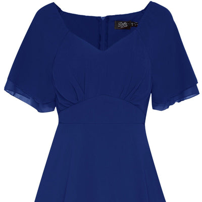 Meredith floaty casual dress, with short sleeves, in dark blue, close up view