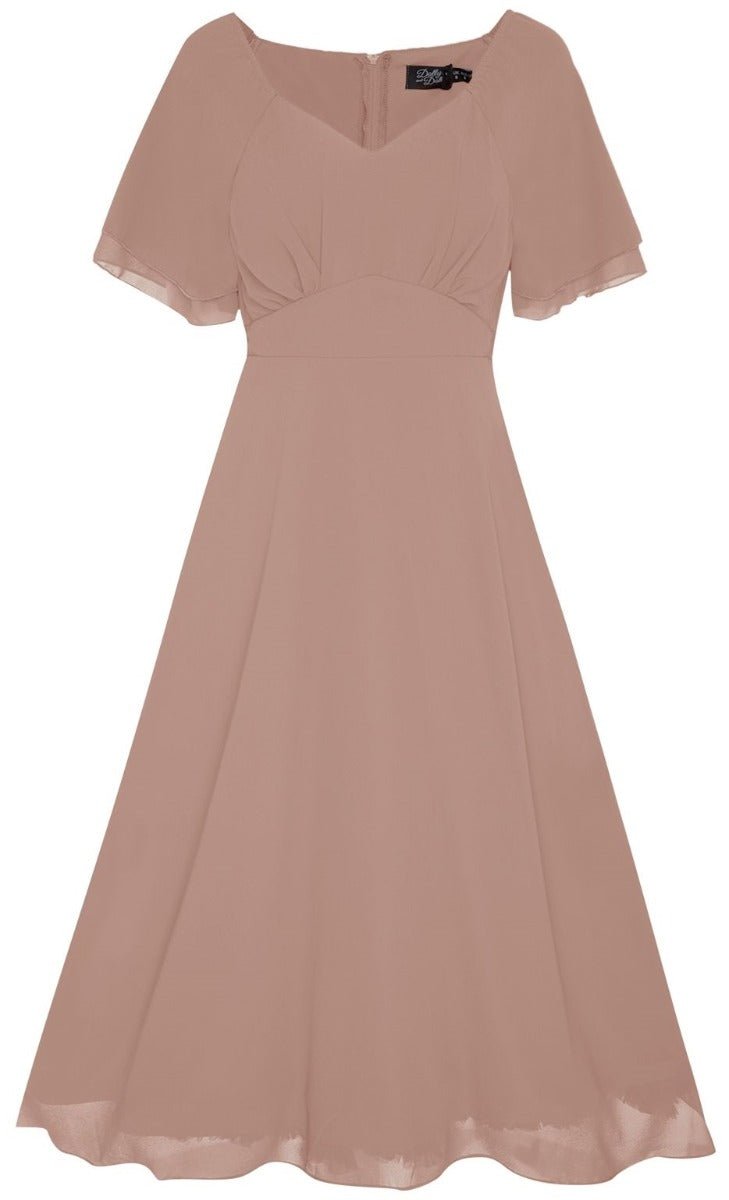 Meredith floaty casual day dress, with short sleeves, in pink, front view