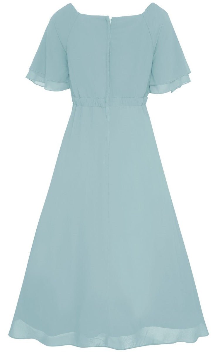 Meredith floaty day dress, with short sleeves, in light blue, back view