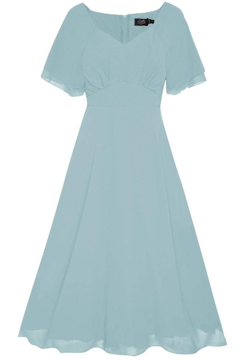Meredith floaty day dress, with short sleeves, in light blue, front view