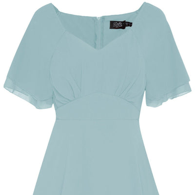 Meredith floaty day dress, with short sleeves, in light blue, close up view