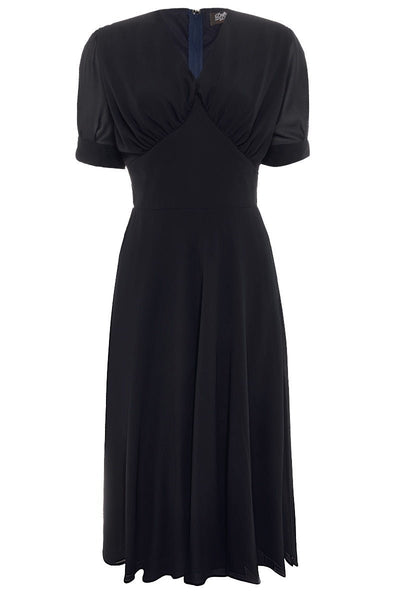 Elise 1940's casual day dress, in navy blue, front view