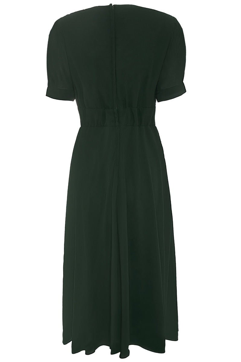 Elise 1940's casual day dress, in dark green, back view