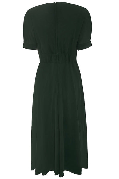 Elise 1940's casual day dress, in dark green, back view