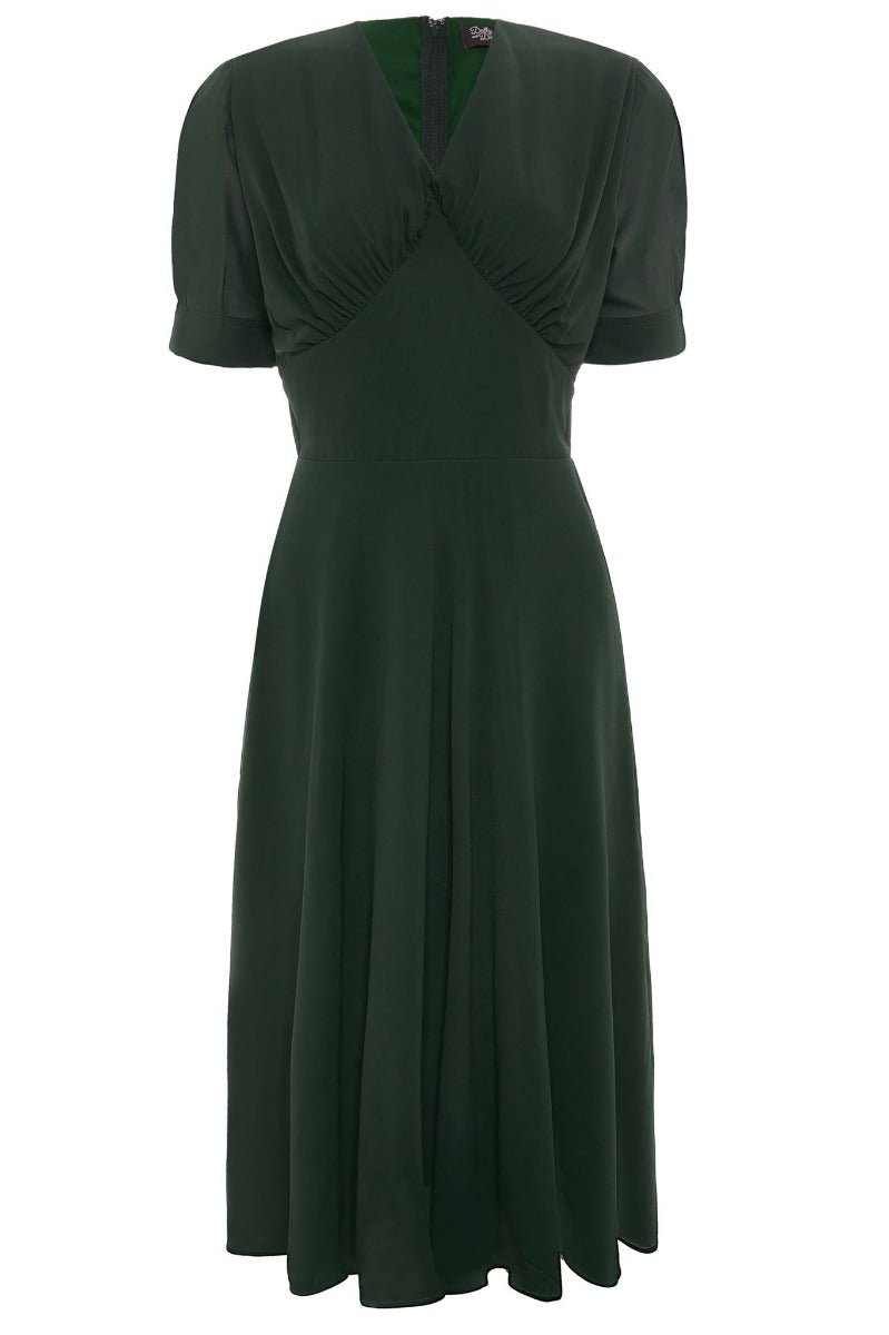 Elise 1940's casual day dress, in dark green, front view