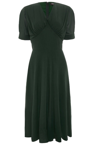Elise 1940's casual day dress, in dark green, front view