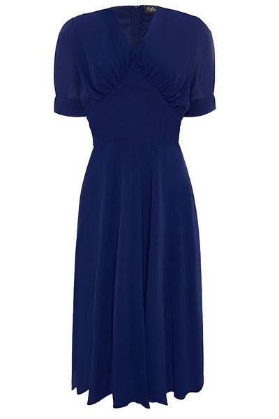 Elise 40's casual day dress, in dark blue, front view