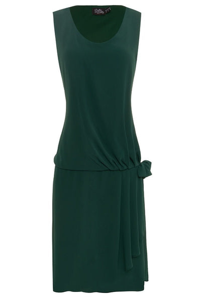 Priscilla 1920's drop waist casual dress, in dark green, front view