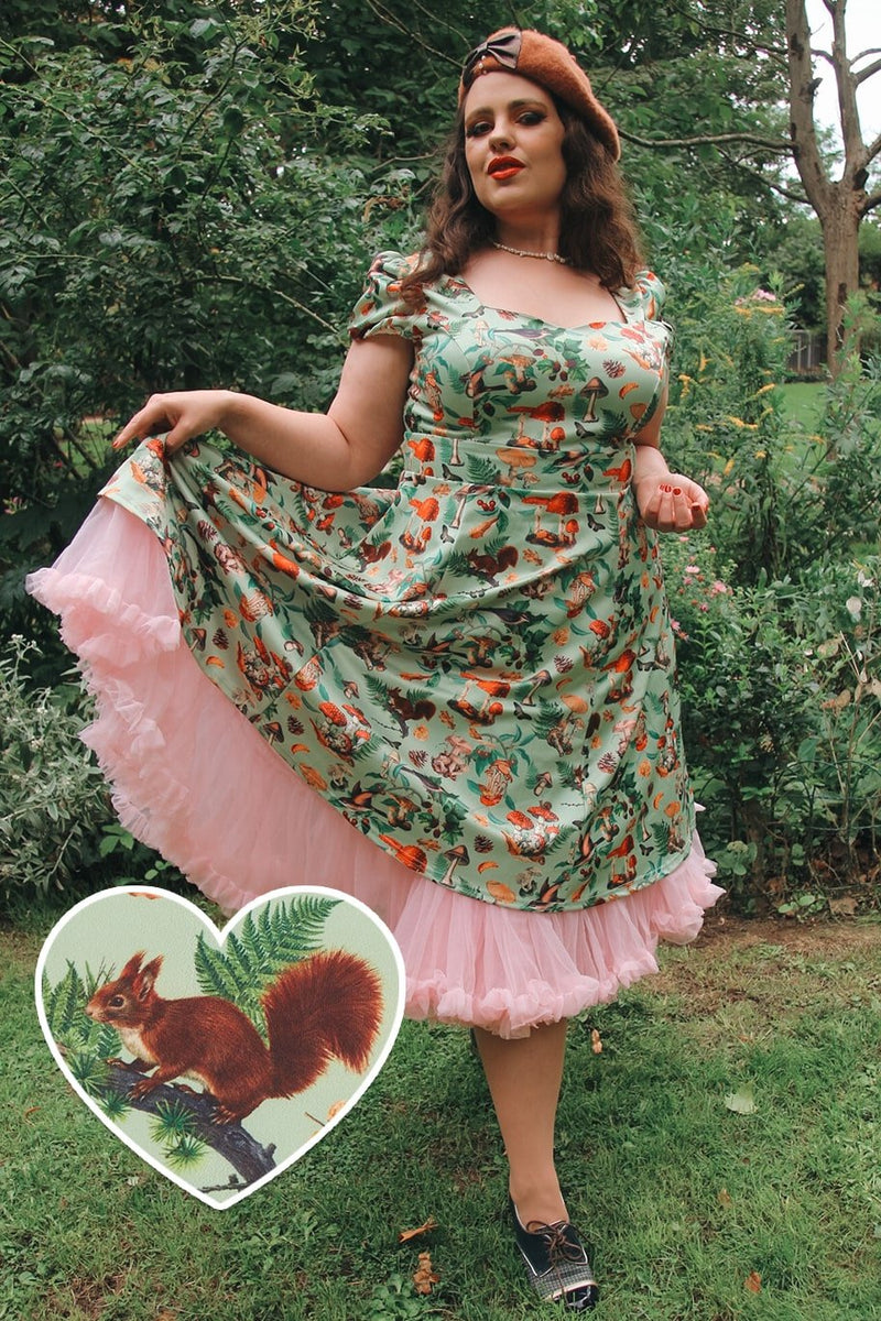 Cap Sleeved Dress in Mushroom, Squirrels Forest Print