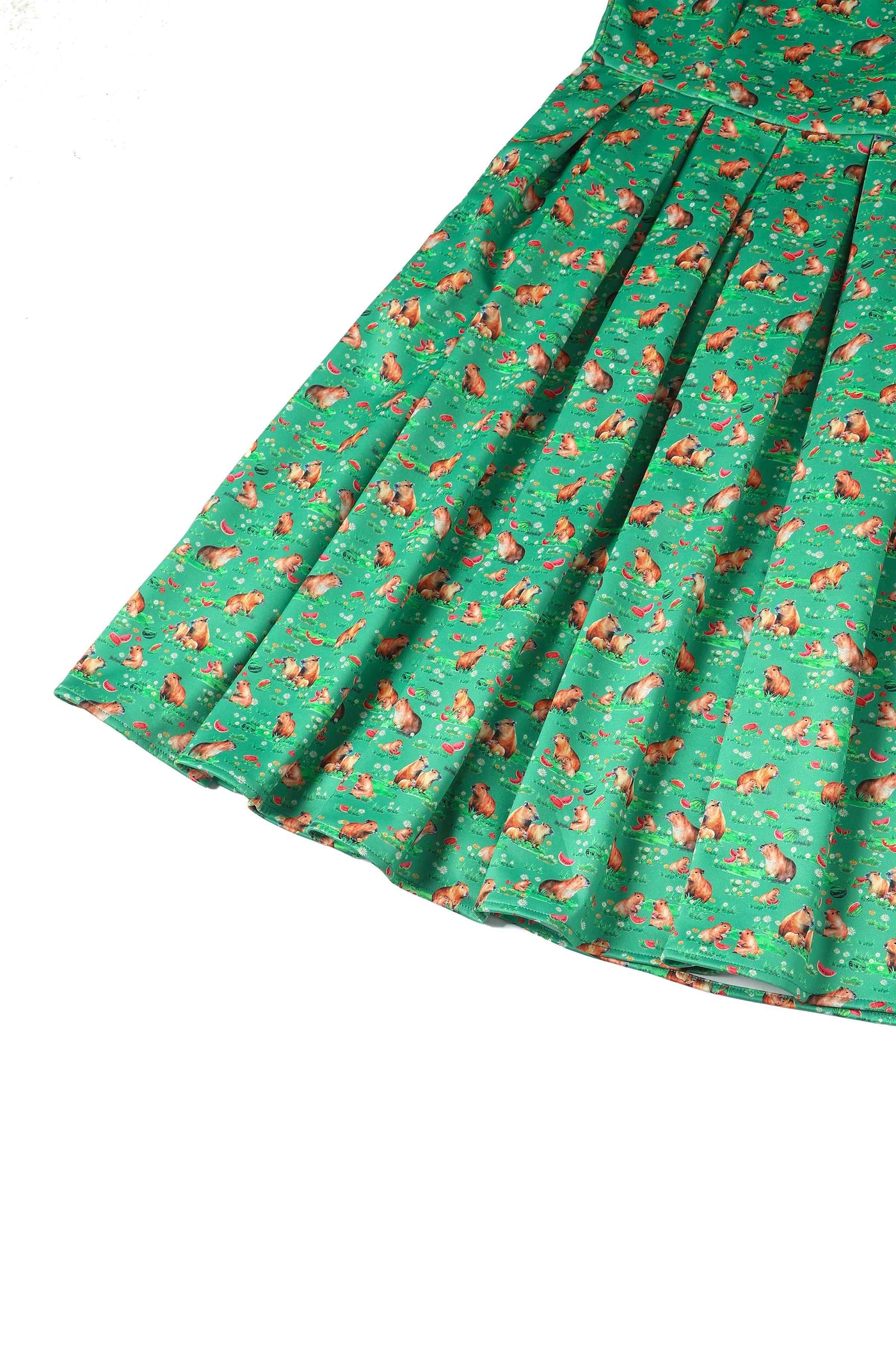 Close up view of Green Flared Dress in Capybara Watermelon Print