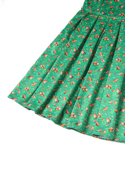 Close up view of Green Flared Dress in Capybara Watermelon Print