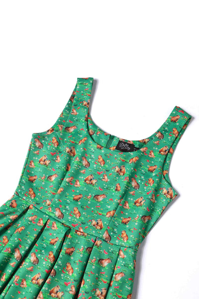 Close up view of Green Flared Dress in Capybara Watermelon Print