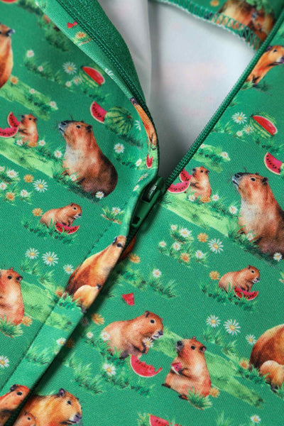 Close up view of Green Flared Dress in Capybara Watermelon Print