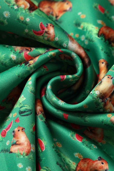 Close up view of Green Flared Dress in Capybara Watermelon Print