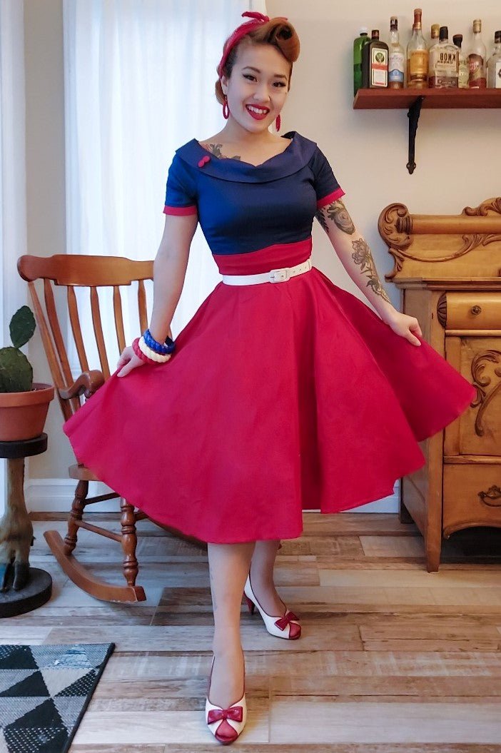 Darlene Retro Full Circle Swing Dress in Navy Blue & Red
