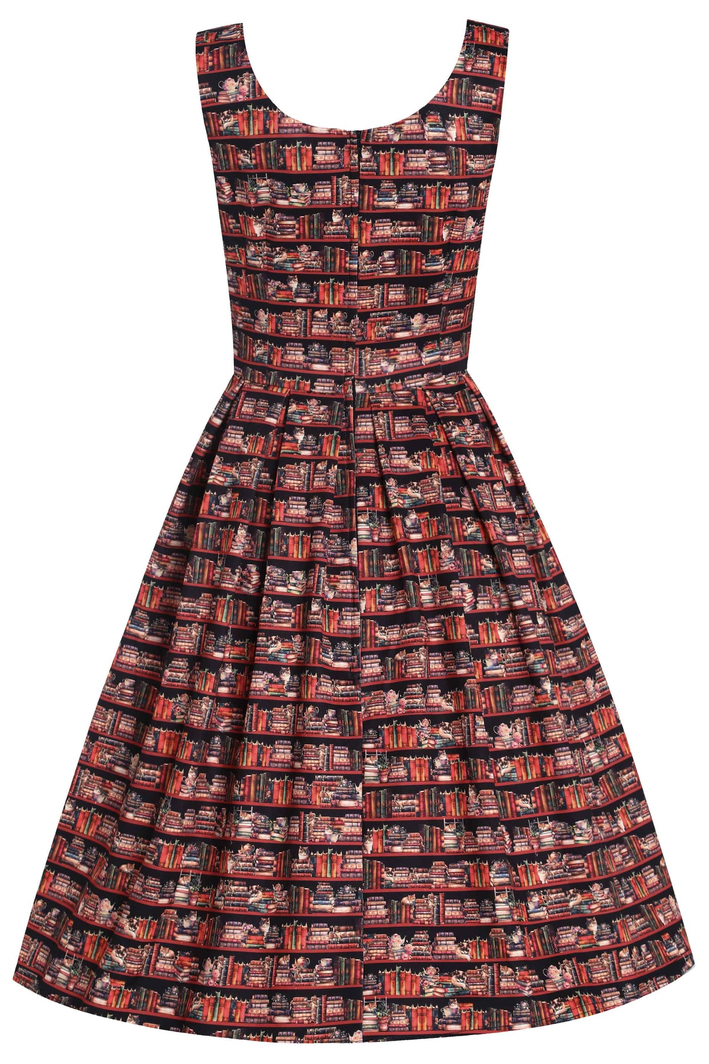 Back View of Cat and Book Swing Dress in Brown