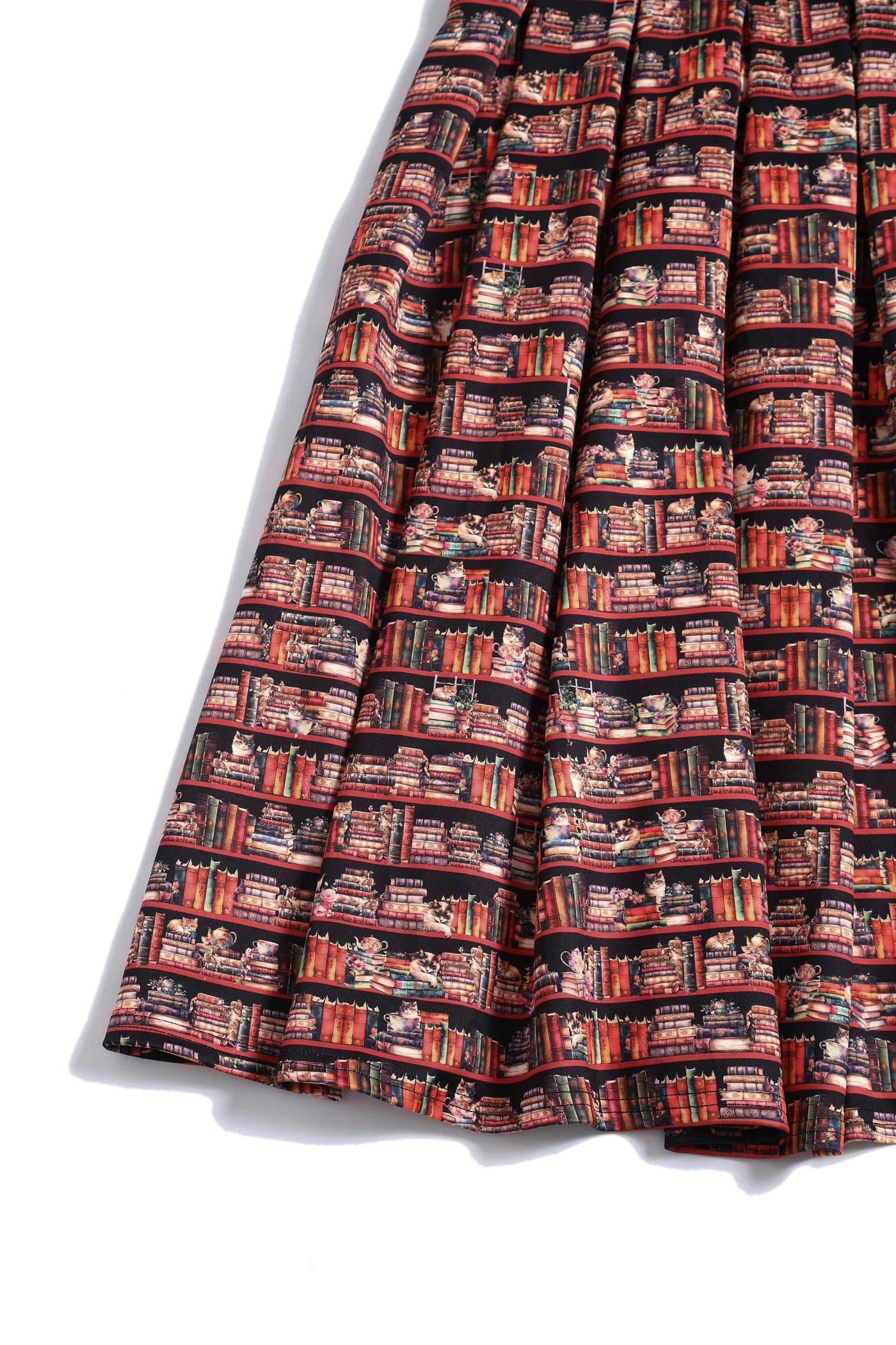 Close up View of Cat and Book Swing Dress in Brown