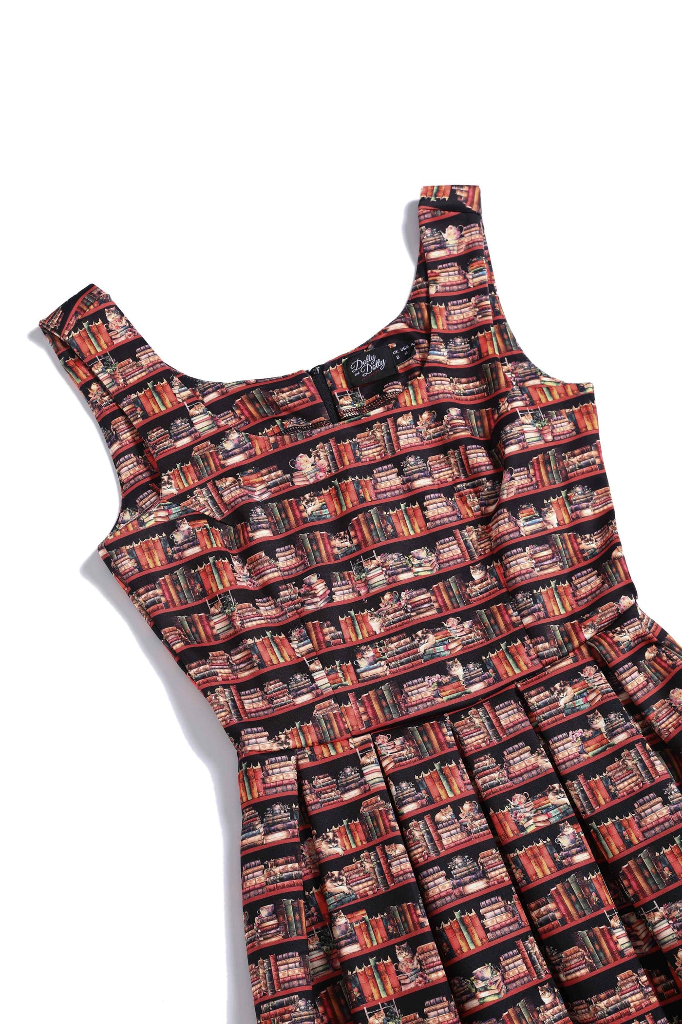Close up View of Cat and Book Swing Dress in Brown