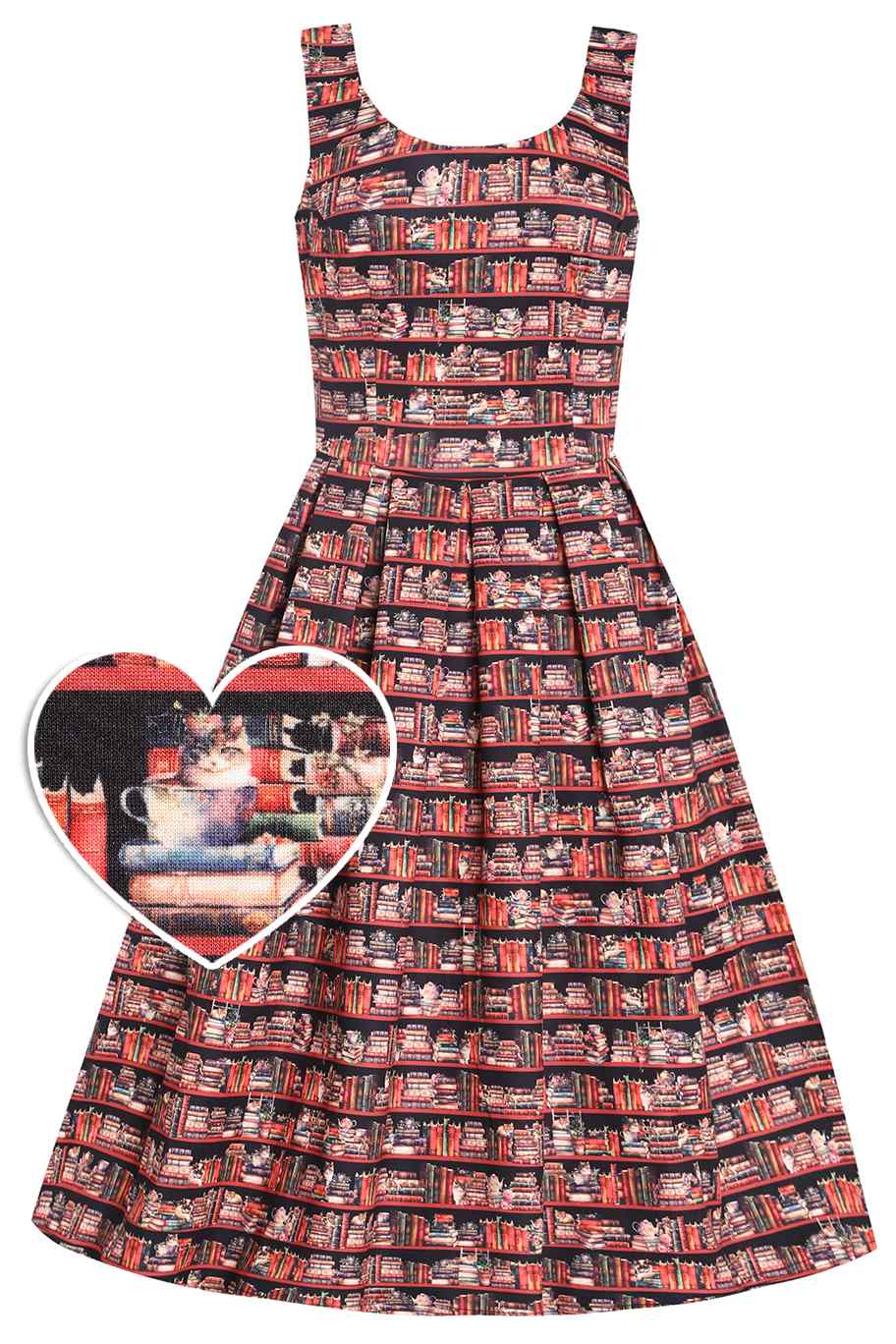 Front View of Cat and Book Swing Dress in Brown