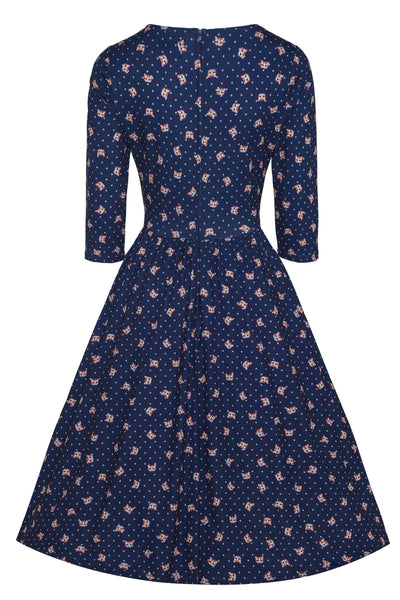 Back View of Cat Face Blue Long Sleeved Dress